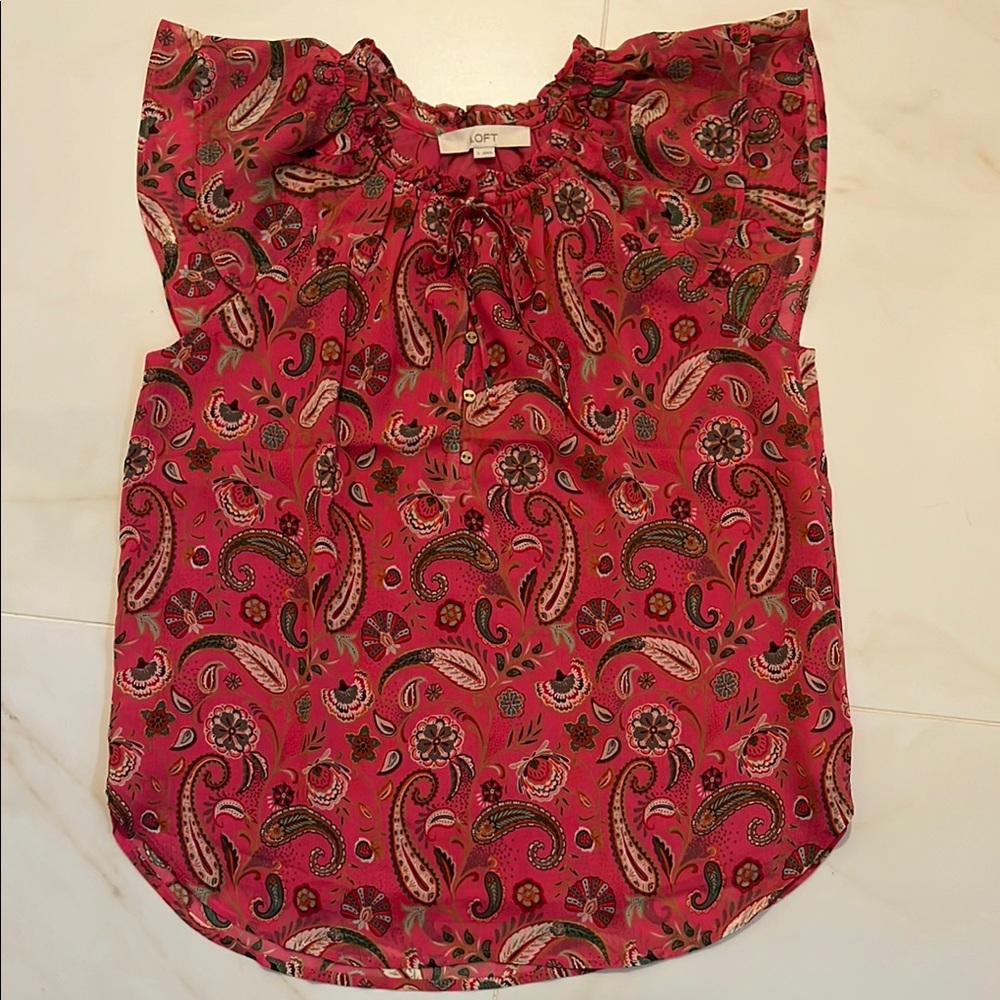 LOFT Pink and Green Ruffled Blouse